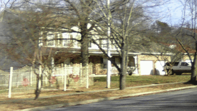 Low-quality photo of trees in front of a house