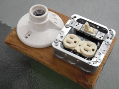 Photo of a partially assembled dim-bulb tester, with the basic fixtures in position