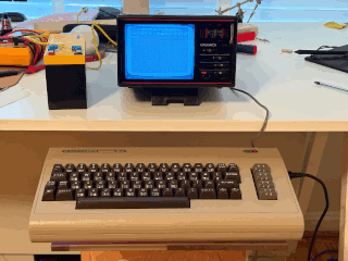 Commodore 64 test setup, a 5 inch tube TV is used for display